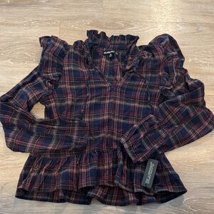 Black and Red Plaid Ruffle Blouse